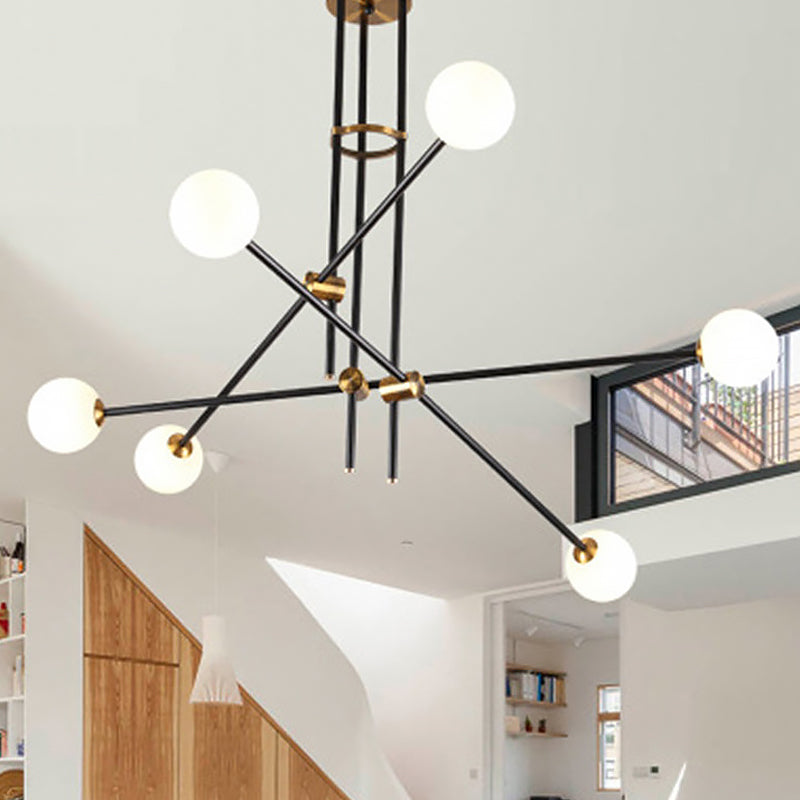 Postmodern Black 3-Arm Chandelier Light With 6 Bulbs And Milky Glass Shade