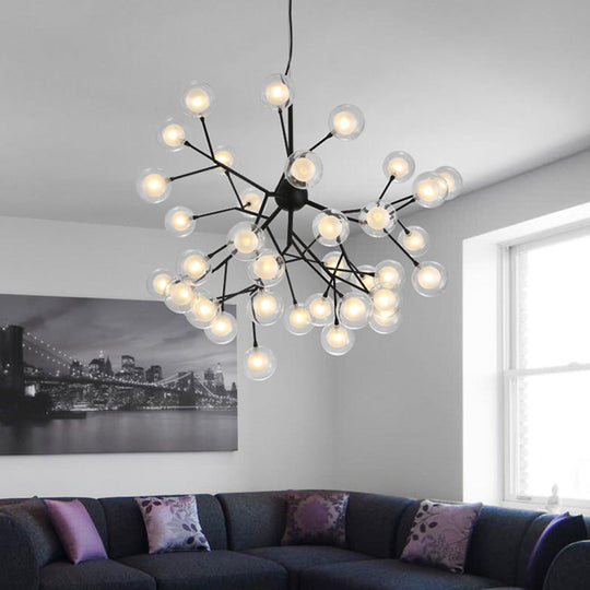 36-Light Firefly Chandelier With Clear And Frosted Glass Modern Black Pendant For Parlor