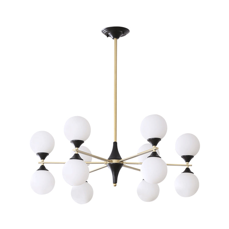 Postmodern Black-Gold Hanging Light With Ivory Glass Shades - 6/8/12 Heads