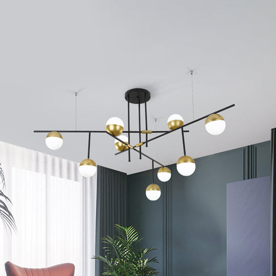 Postmodern Hanging Chandelier with Cream Ball Glass Shade - Black/Gold Finish, 1/3-Tier, 3/9 Bulbs