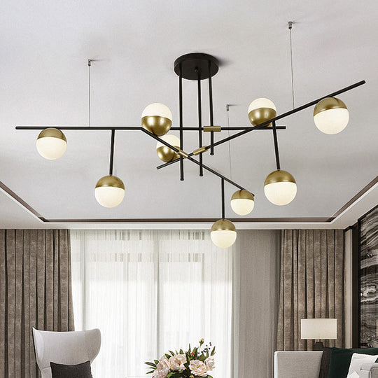 Postmodern Hanging Chandelier with Cream Ball Glass Shade - Black/Gold Finish, 1/3-Tier, 3/9 Bulbs