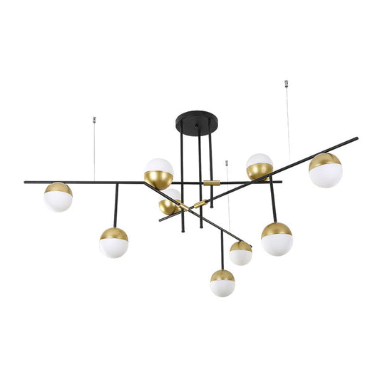 Postmodern Hanging Chandelier with Cream Ball Glass Shade - Black/Gold Finish, 1/3-Tier, 3/9 Bulbs