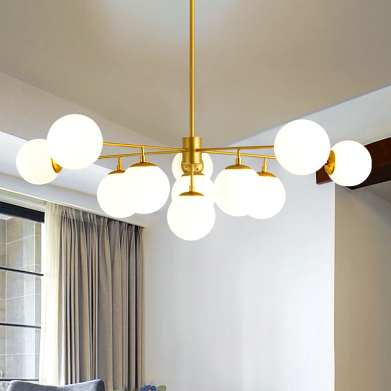 Modern Iron Chandelier | 9-Light Black/Gold Pendant With Opal Glass Shade