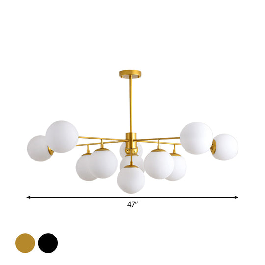 Modern Iron Chandelier | 9-Light Black/Gold Pendant With Opal Glass Shade