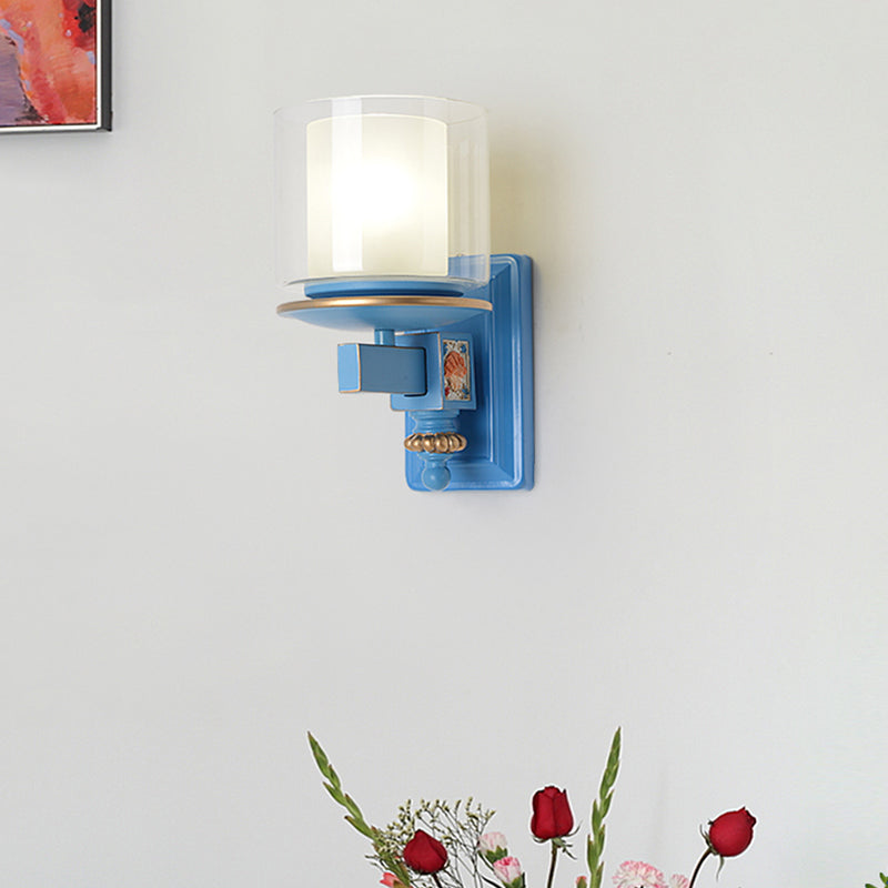 Stylish Nordic Cylinder Wall Light With Shell Deco: Metal & Glass Lamp For Stair Water Blue