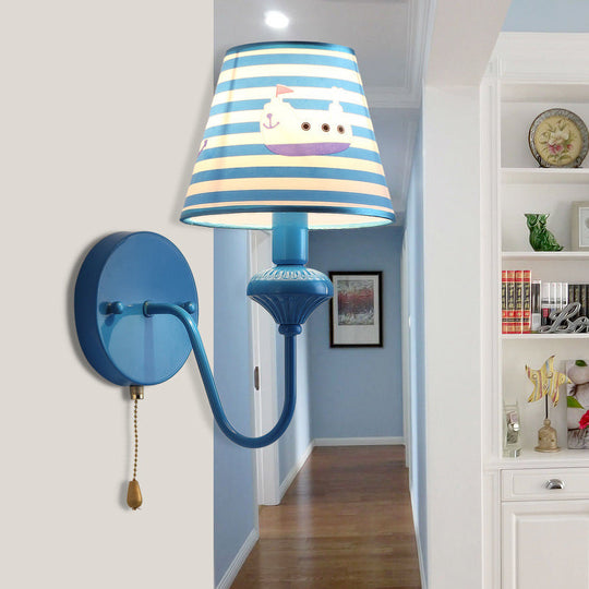 Nautical Blue Stripe Wall Sconce With Cartoon Ship - 1 Light Metal Fixture For Foyer