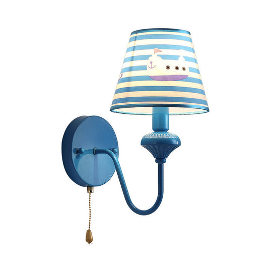 Nautical Blue Stripe Wall Sconce With Cartoon Ship - 1 Light Metal Fixture For Foyer