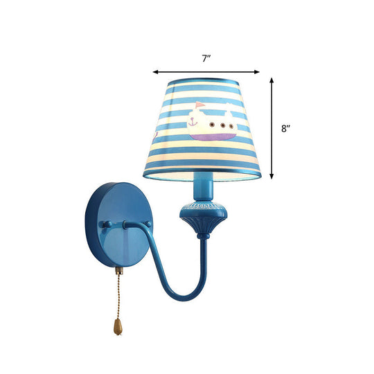 Nautical Blue Stripe Wall Sconce With Cartoon Ship - 1 Light Metal Fixture For Foyer