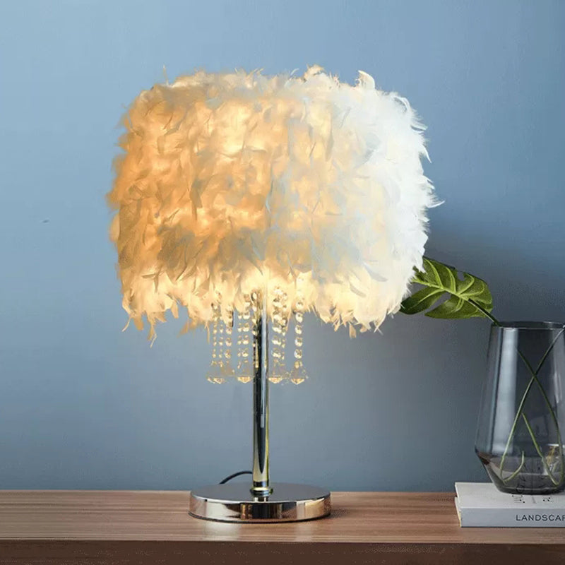 Romantic Feather White Table Light With Clear Crystal Bead For Hotel Or Restaurant - Drum Desk