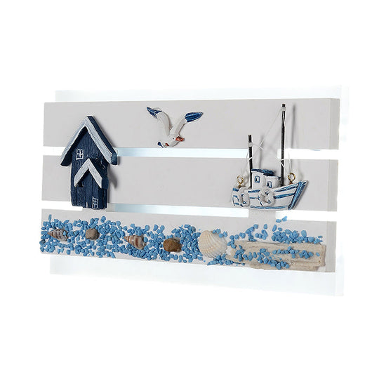 Nautical Led Wall Lamp With Wooden Panel For Kids Bedroom - Sea View Design In White