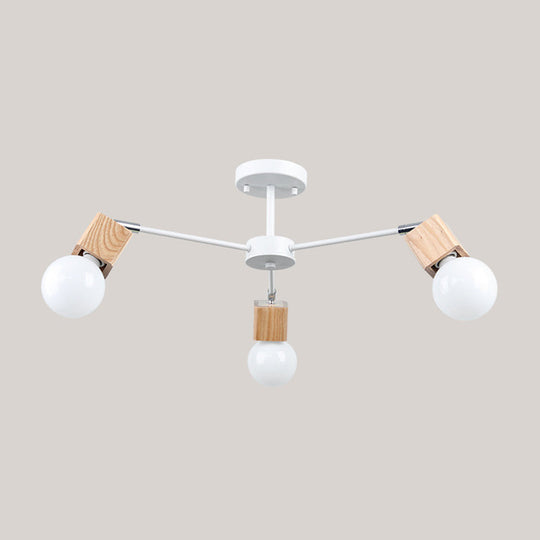 Semi-Flush Open Bulb Ceiling Light with Square Loft Style Design - 3/5 Heads, Wood Metallic Mount Chandelier