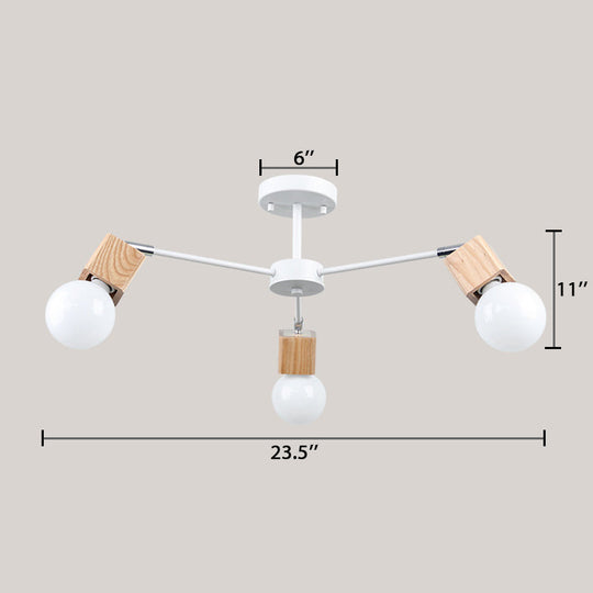 Semi-Flush Open Bulb Ceiling Light with Square Loft Style Design - 3/5 Heads, Wood Metallic Mount Chandelier