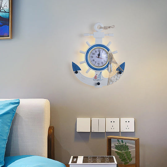 Child Bedroom Nautical Blue Anchor Rudder Wall Light With Clock - Stylish Wood Lamp / B