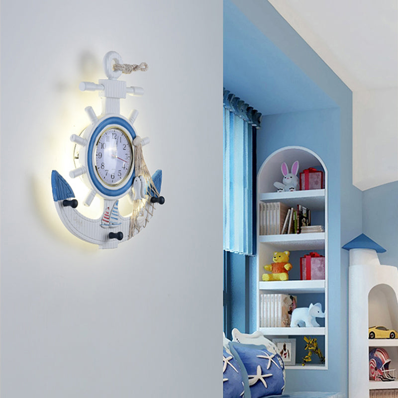 Child Bedroom Nautical Blue Anchor Rudder Wall Light With Clock - Stylish Wood Lamp