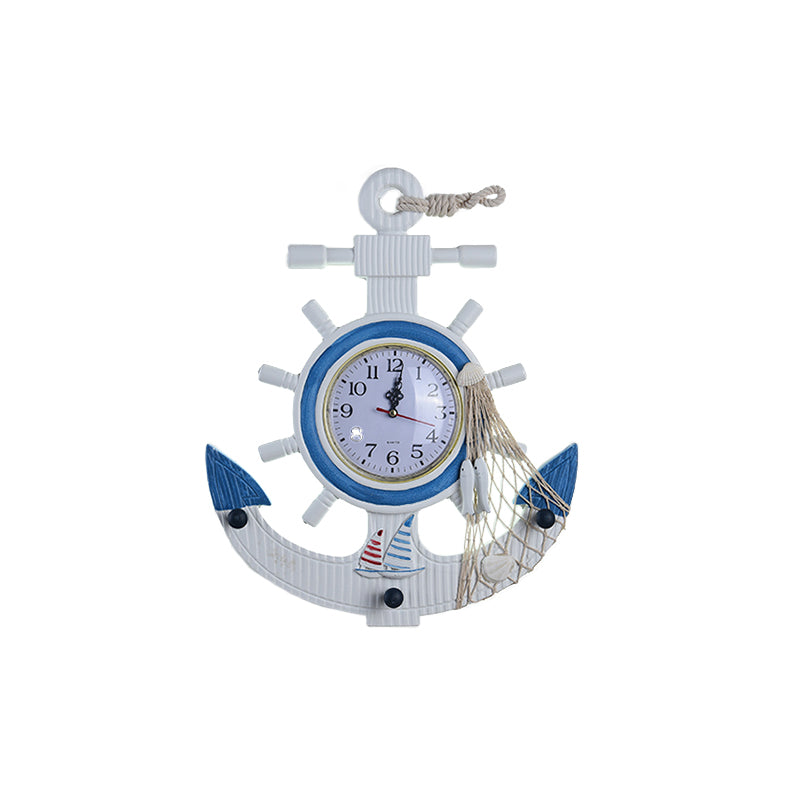 Child Bedroom Nautical Blue Anchor Rudder Wall Light With Clock - Stylish Wood Lamp