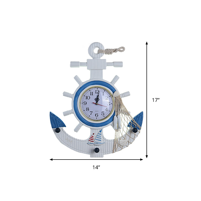 Child Bedroom Nautical Blue Anchor Rudder Wall Light With Clock - Stylish Wood Lamp