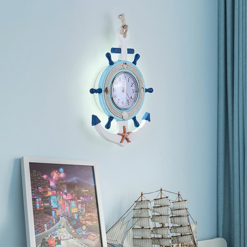 Child Bedroom Nautical Blue Anchor Rudder Wall Light With Clock - Stylish Wood Lamp