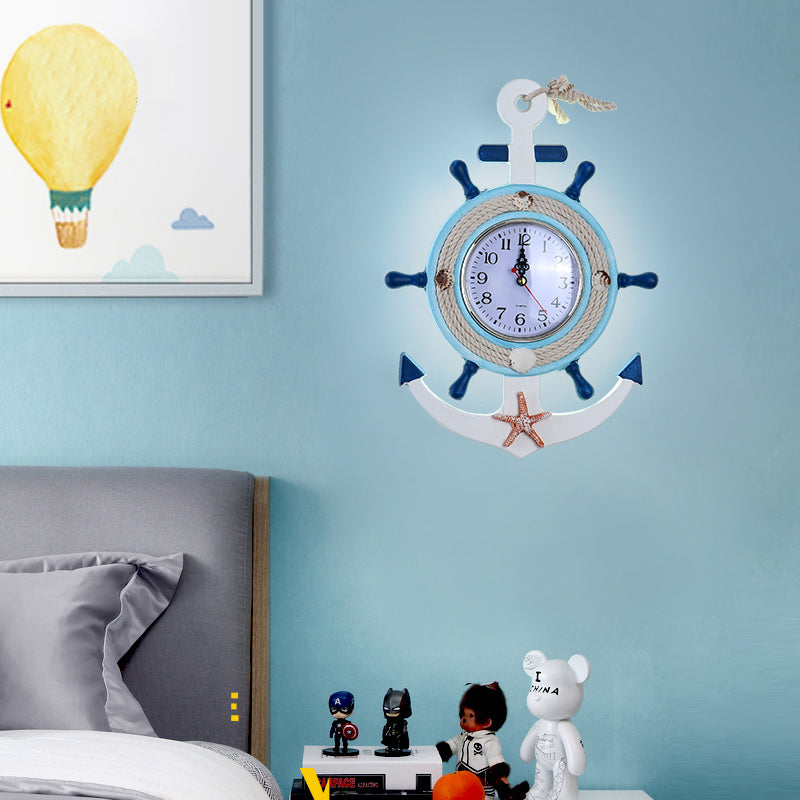 Child Bedroom Nautical Blue Anchor Rudder Wall Light With Clock - Stylish Wood Lamp / A