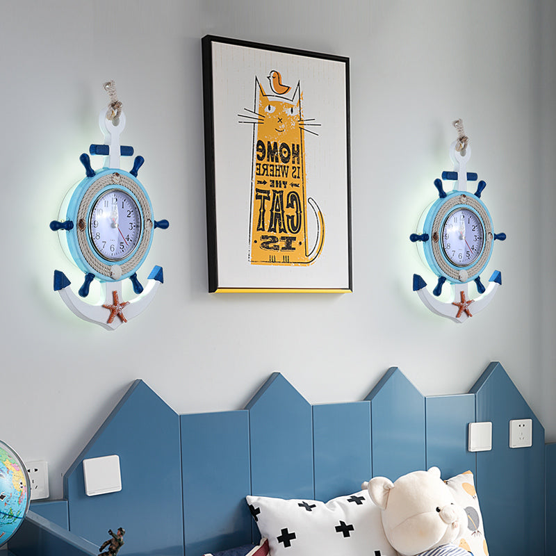 Child Bedroom Nautical Blue Anchor Rudder Wall Light With Clock - Stylish Wood Lamp