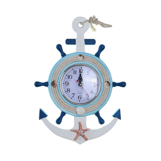 Child Bedroom Nautical Blue Anchor Rudder Wall Light With Clock - Stylish Wood Lamp