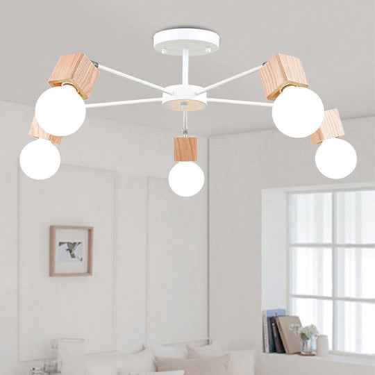 Semi-Flush Open Bulb Ceiling Light with Square Loft Style Design - 3/5 Heads, Wood Metallic Mount Chandelier