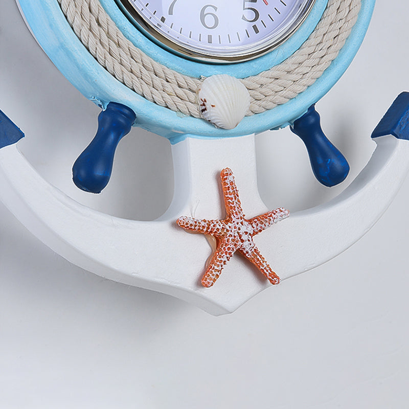 Child Bedroom Nautical Blue Anchor Rudder Wall Light With Clock - Stylish Wood Lamp