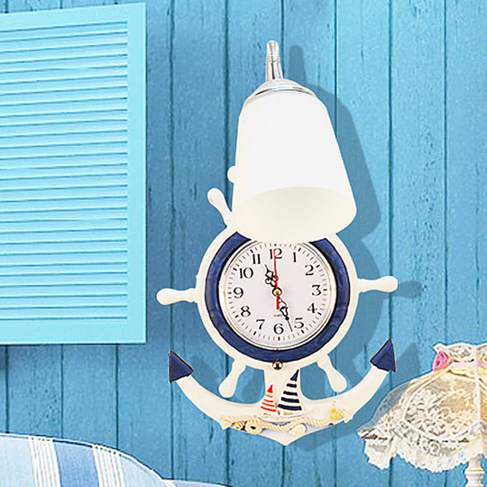 White Nautical Rudder Wall Sconce With Clock - Stylish Wood & Glass Light For Baby Room