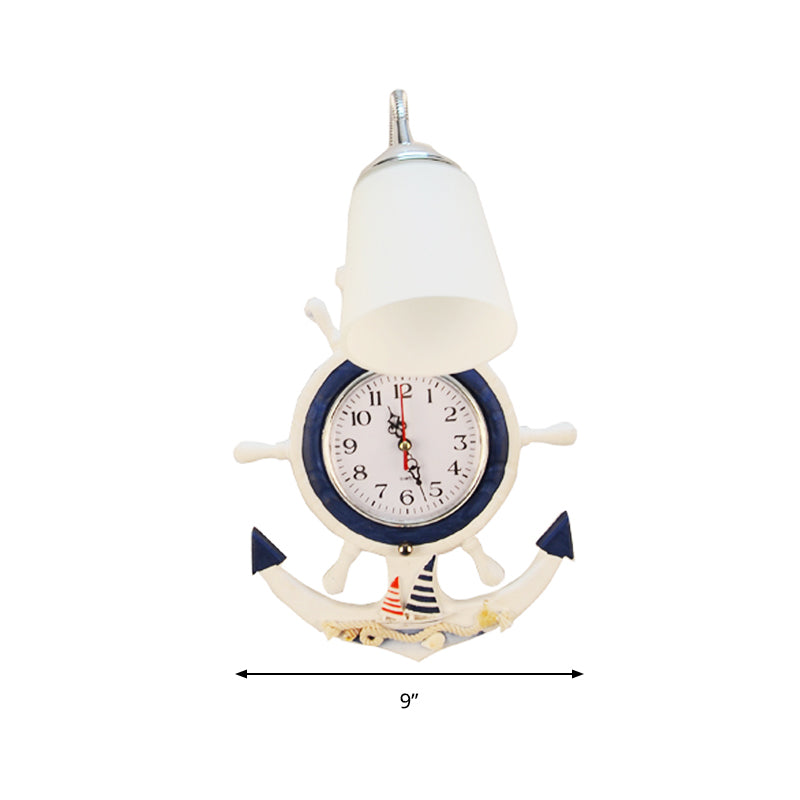 White Nautical Rudder Wall Sconce With Clock - Stylish Wood & Glass Light For Baby Room