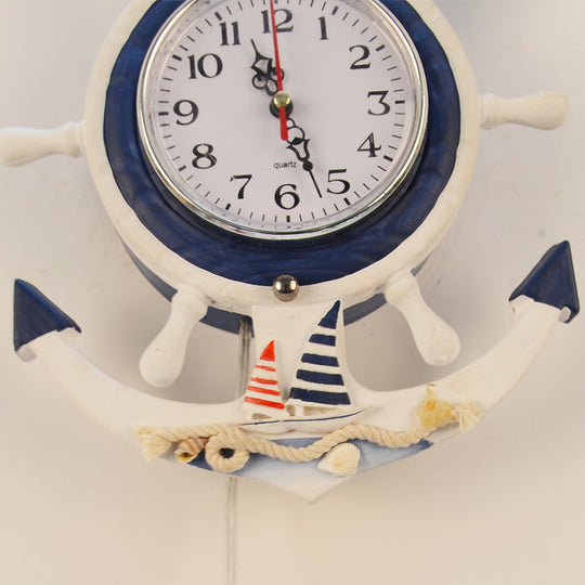 White Nautical Rudder Wall Sconce With Clock - Stylish Wood & Glass Light For Baby Room