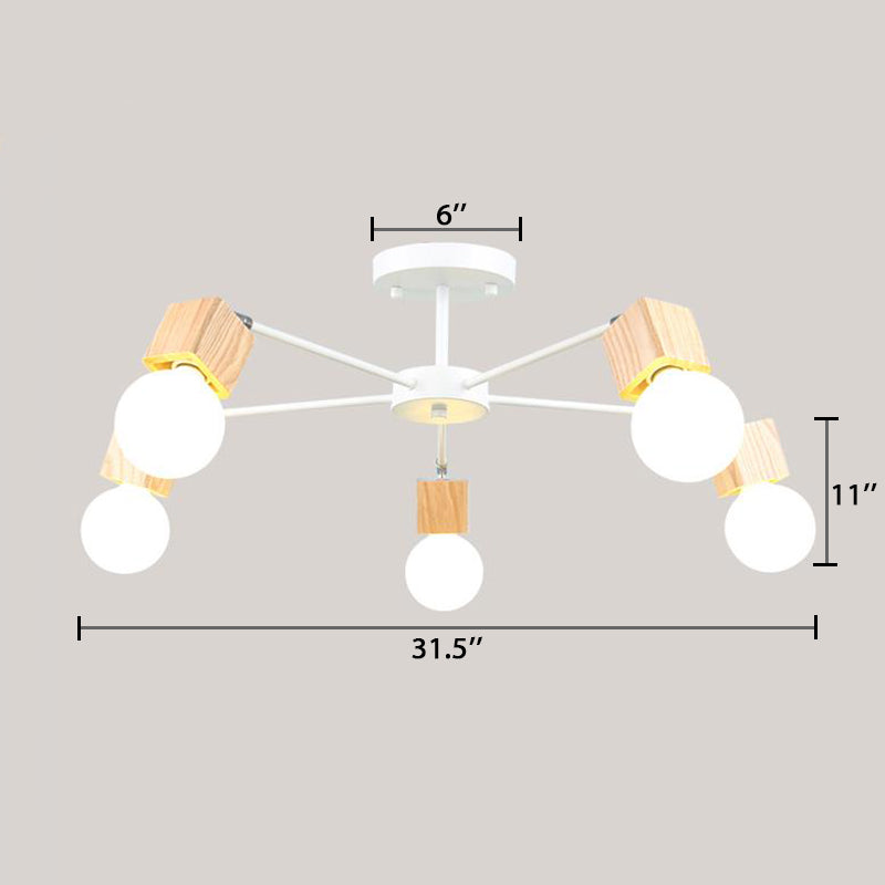 Semi-Flush Open Bulb Ceiling Light with Square Loft Style Design - 3/5 Heads, Wood Metallic Mount Chandelier