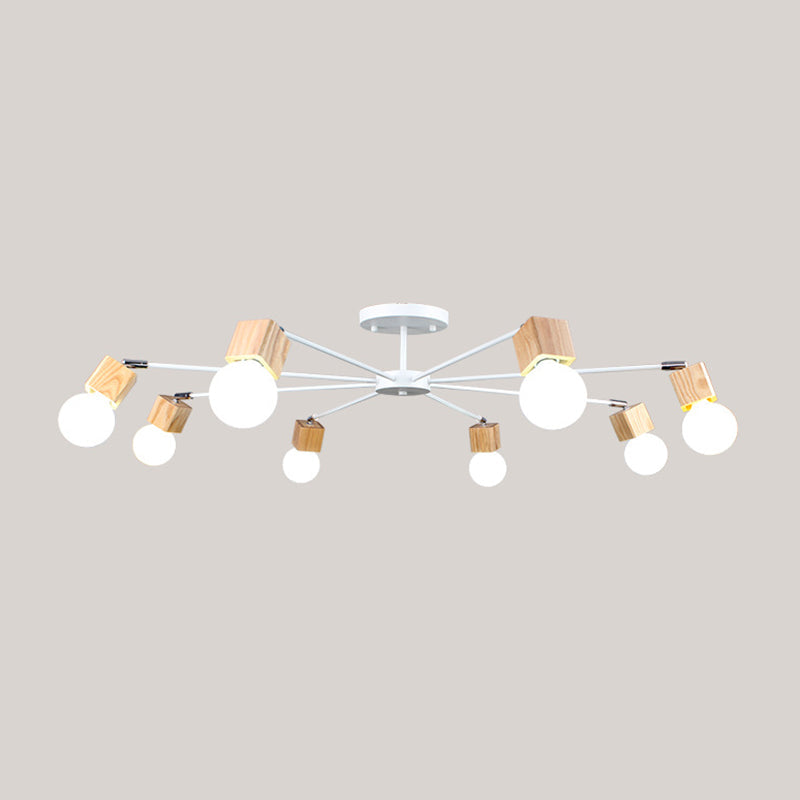 Semi-Flush Open Bulb Ceiling Light with Square Loft Style Design - 3/5 Heads, Wood Metallic Mount Chandelier