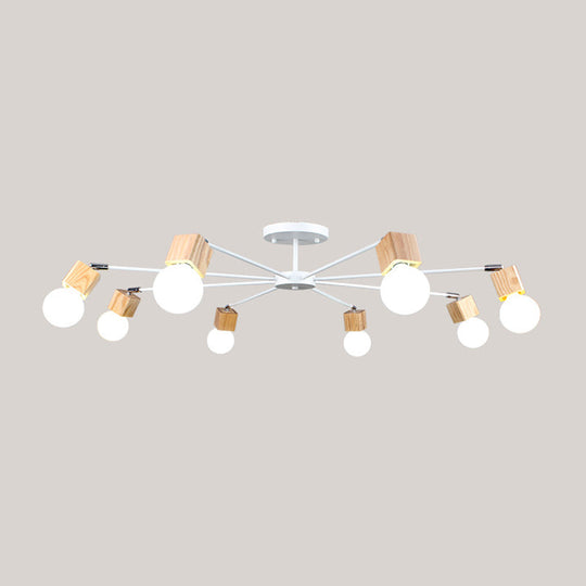 Semi-Flush Open Bulb Ceiling Light with Square Loft Style Design - 3/5 Heads, Wood Metallic Mount Chandelier