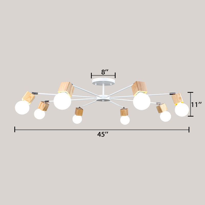 Semi-Flush Open Bulb Ceiling Light with Square Loft Style Design - 3/5 Heads, Wood Metallic Mount Chandelier