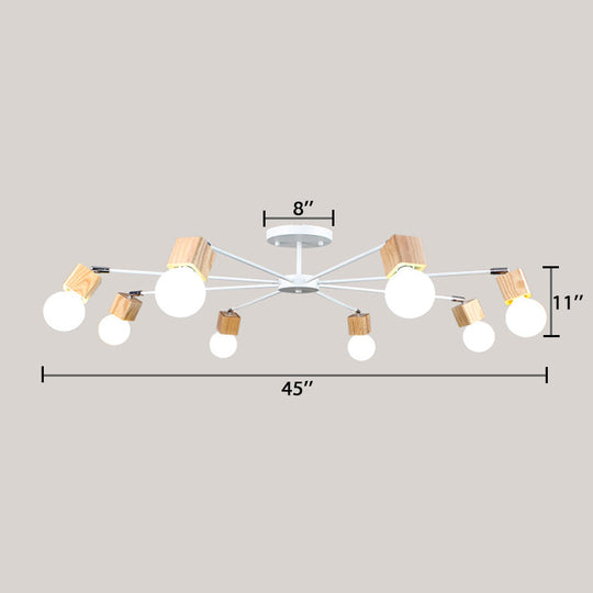 Semi-Flush Open Bulb Ceiling Light with Square Loft Style Design - 3/5 Heads, Wood Metallic Mount Chandelier