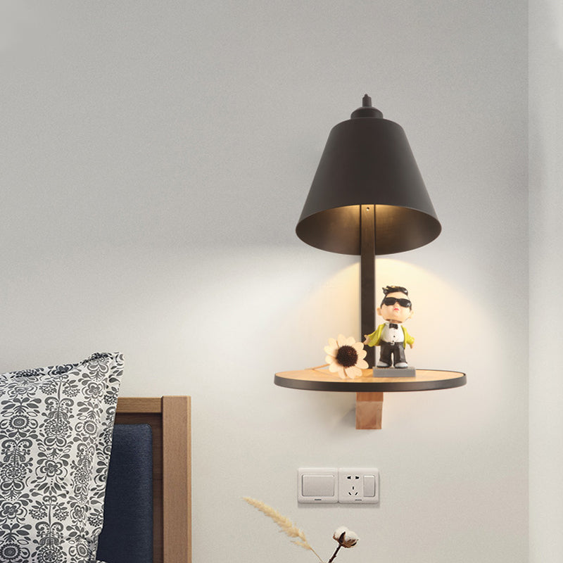 Modern Metal Cone Wall Sconce With Shelf - Bedroom Lamp