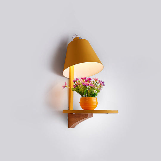 Modern Metal Cone Wall Sconce With Shelf - Bedroom Lamp Yellow