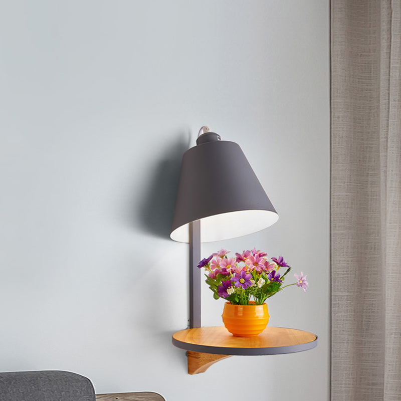 Modern Metal Cone Wall Sconce With Shelf - Bedroom Lamp Grey