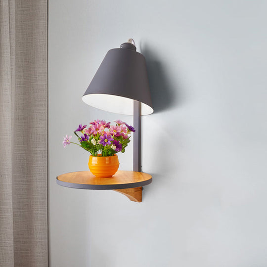 Modern Metal Cone Wall Sconce With Shelf - Bedroom Lamp