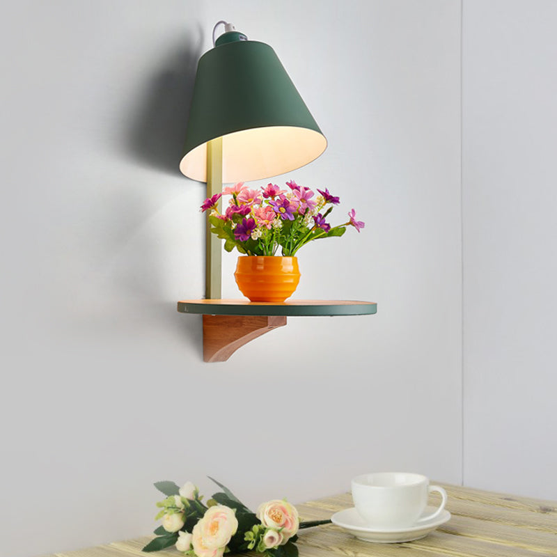 Modern Metal Cone Wall Sconce With Shelf - Bedroom Lamp Green