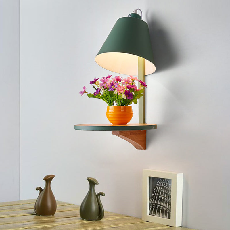 Modern Metal Cone Wall Sconce With Shelf - Bedroom Lamp