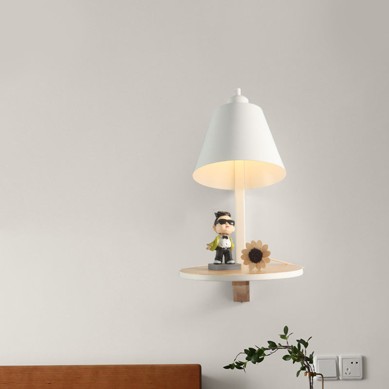 Modern Metal Cone Wall Sconce With Shelf - Bedroom Lamp White