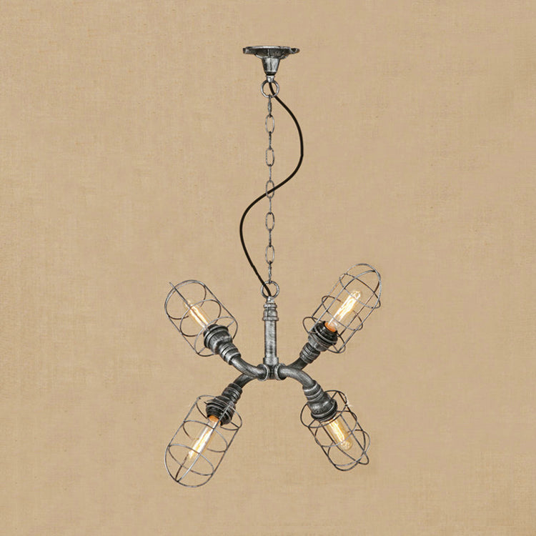 Coastal Style Bronze/Antique Silver Hanging Chandelier Pendant Light with 4-Light Caged Design and Wrought Iron Pipe