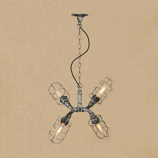 Coastal Style Bronze/Antique Silver Hanging Chandelier Pendant Light with 4-Light Caged Design and Wrought Iron Pipe