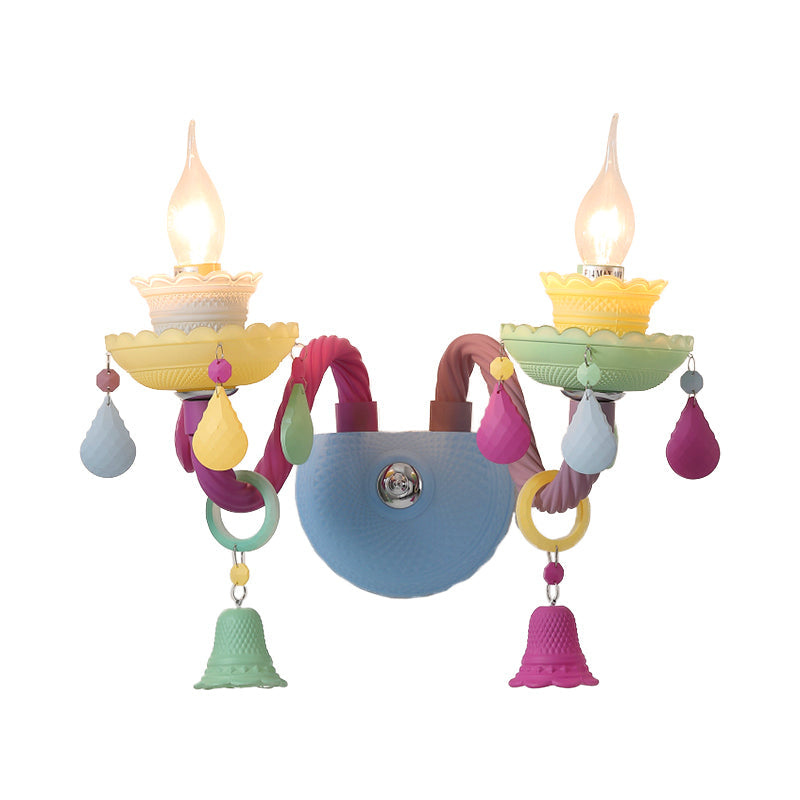 Colorful Kids Wall Sconce With Bell & Teardrop Deco Glass For Nursing Room