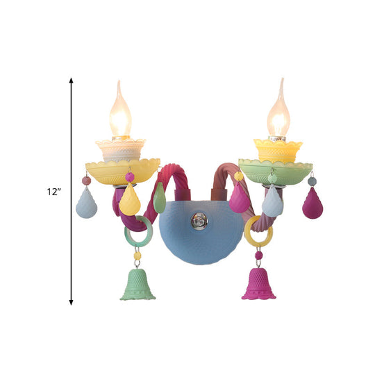 Colorful Kids Wall Sconce With Bell & Teardrop Deco Glass For Nursing Room