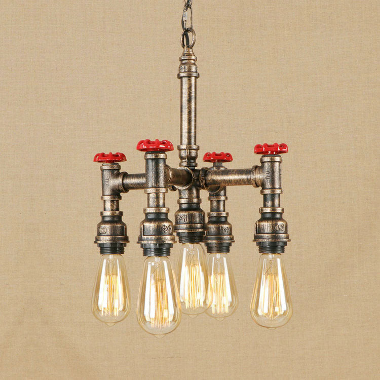 Steampunk 5-Light Chandelier With Open Bulbs Pipe And Valve - Antique Silver/Bronze Ceiling Fixture