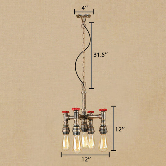 Steampunk Pipe & Valve Chandelier - Antique Silver/Bronze 5-Light Ceiling Fixture