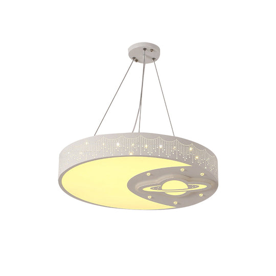 White Metal Round Pendant Light With Moon And Planet Design - Ideal Kids Chandelier For Living Room