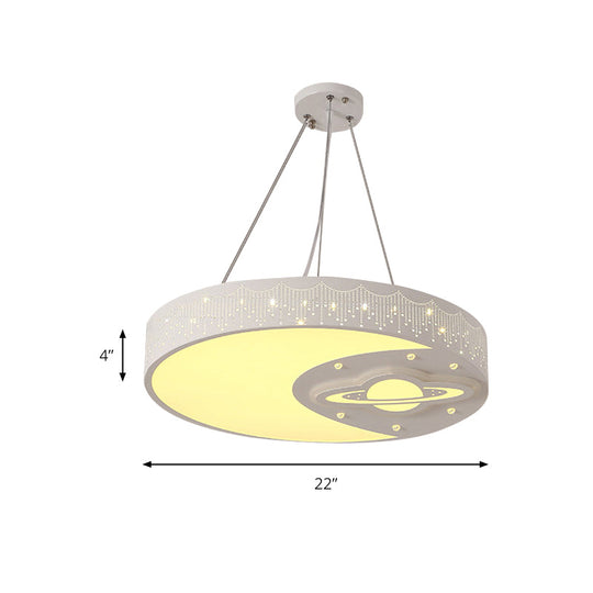 White Metal Round Pendant Light With Moon And Planet Design - Ideal Kids Chandelier For Living Room