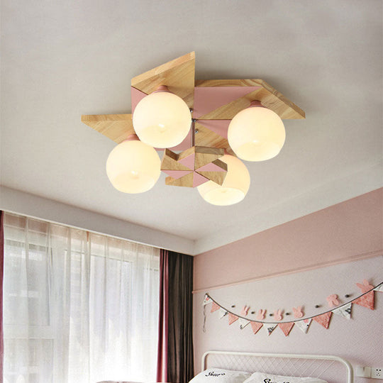 Kids Windmill Ceiling Light Fixture With Globe Shade - 4 Lights Kindergarten Flush Mount Pink